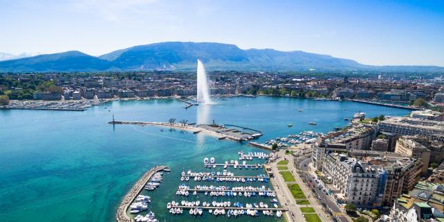 Aerial view of Leman lake - Geneva city in Switzerland