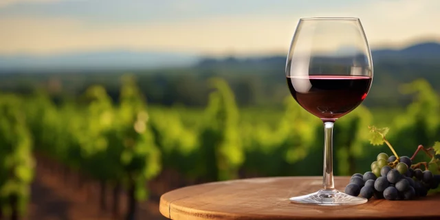 A glass of wine on an old table with a vineyard background